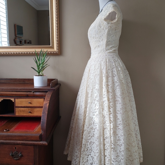 William Cahill Vintage 50s Ivory Lace Short Sleeve Tea Length Midi Wedding Dress - Picture 4 of 12